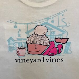 Vineyard Vines Long-Sleeve Pocket White Tee with Ski Whale Drinking Cocoa Size S